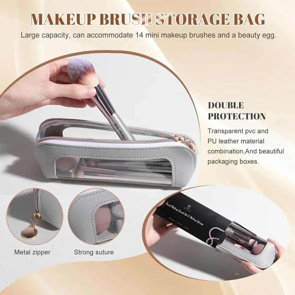 14 Pcs Makeup Brush Set With 1 Pcs Makeup Sponge With Travel Makeup Case